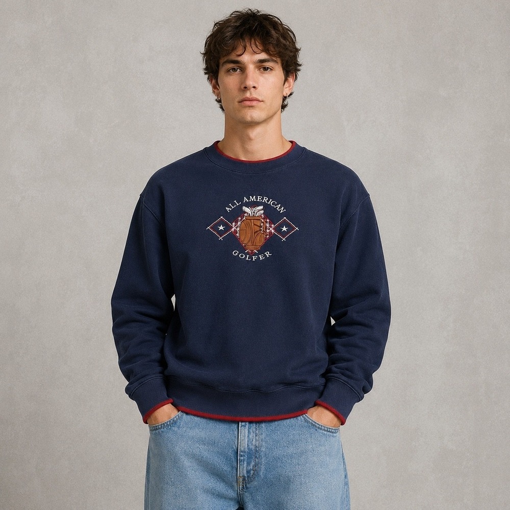Vintage MC Sport Sweatshirt Men Medium Navy Blue All American Golfer Embroidered